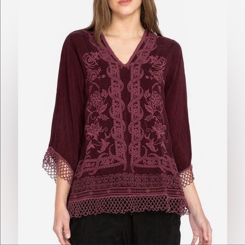 Johnny Was Burgundy Embroidered V-Neck Blouse